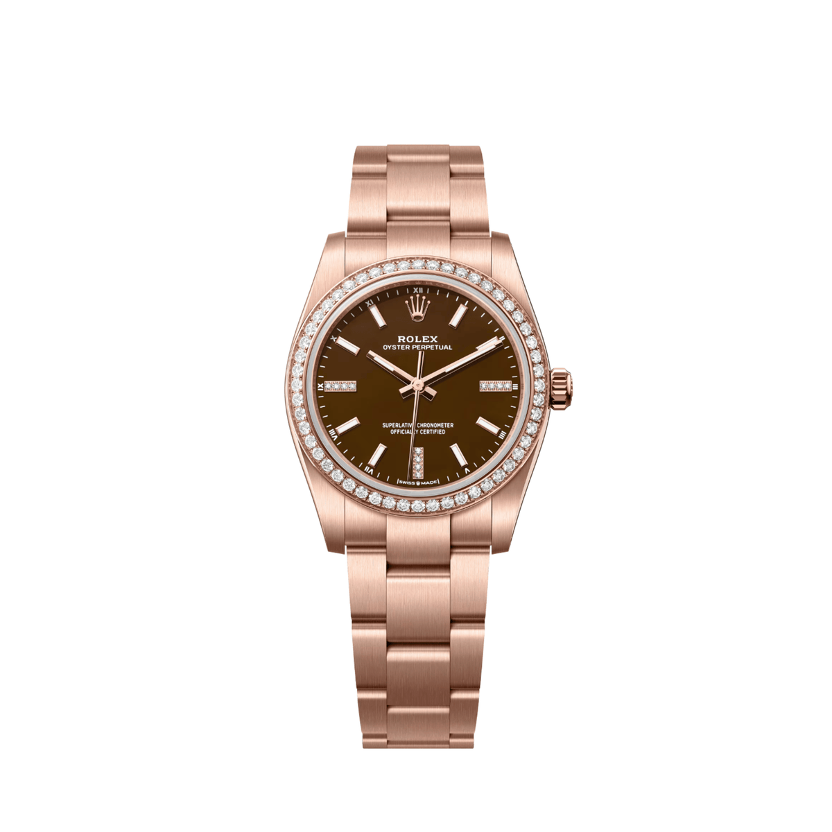 Rolex Oyster Perpetual 34 'Ladies' 124245RBR Rose Gold Brown Stone Diamond Dial Diamond Bezel (2026)