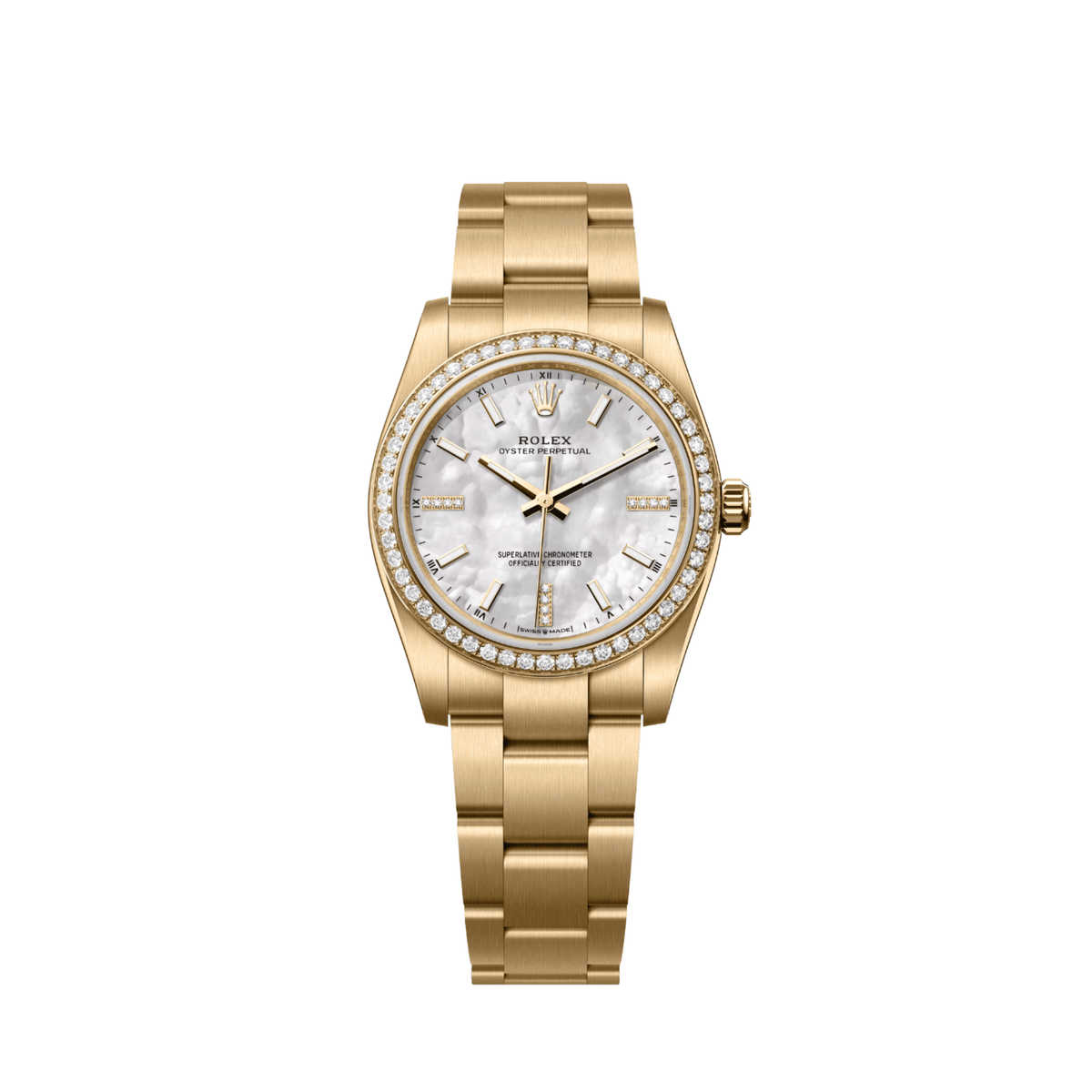 Rolex Oyster Perpetual 34 'Ladies' 124248RBR Yellow Gold Mother Of Pearl Diamond Dial Diamond Bezel (2026)