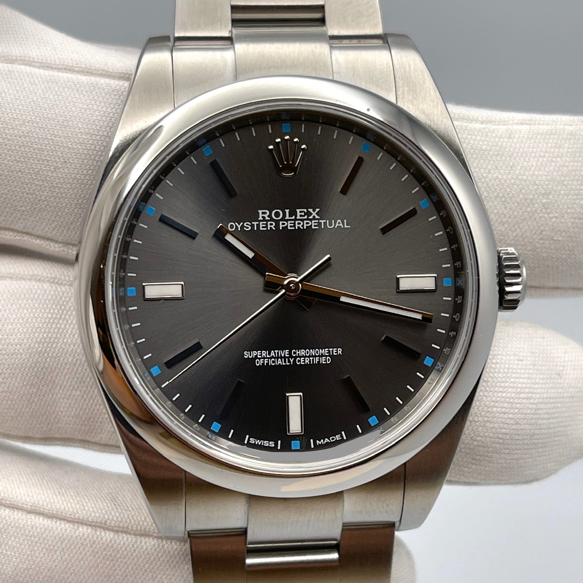 Rolex Oyster Perpetual 39mm Stainless Steel Rhodium Dial 114300 Wrist Aficionado