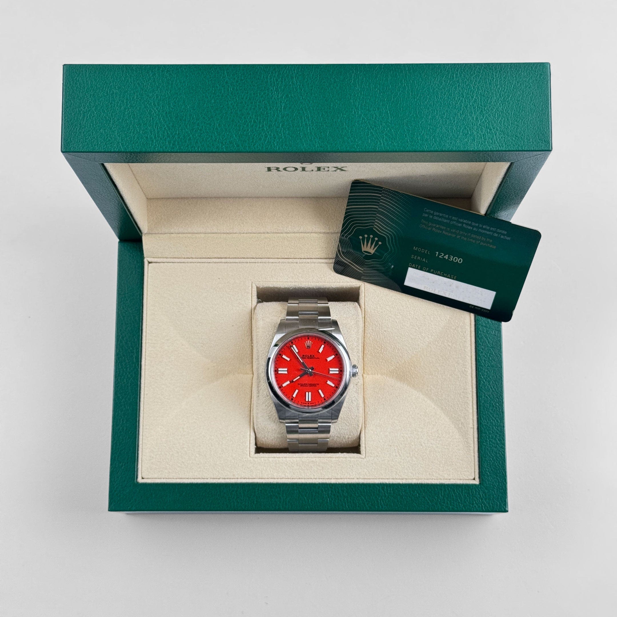 Rolex Oyster Perpetual 41 124300 Stainless Steel Coral Red Dial