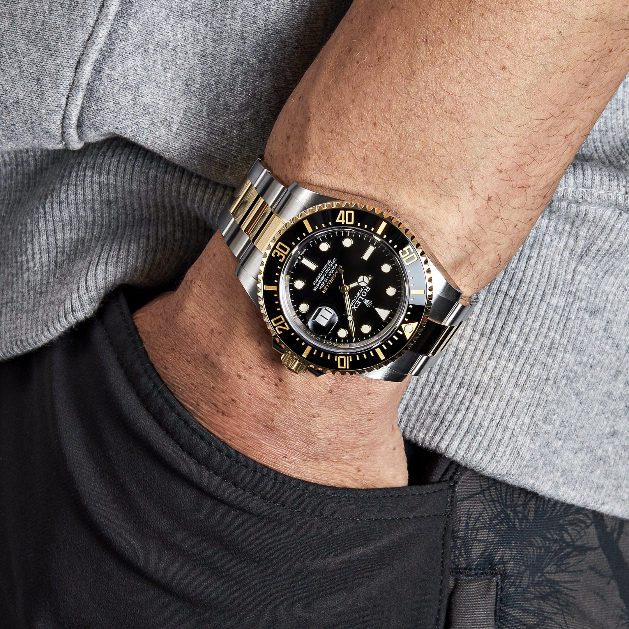 Steel Rolex Sea Dweller Two Tone On Wrist Two Tone Black