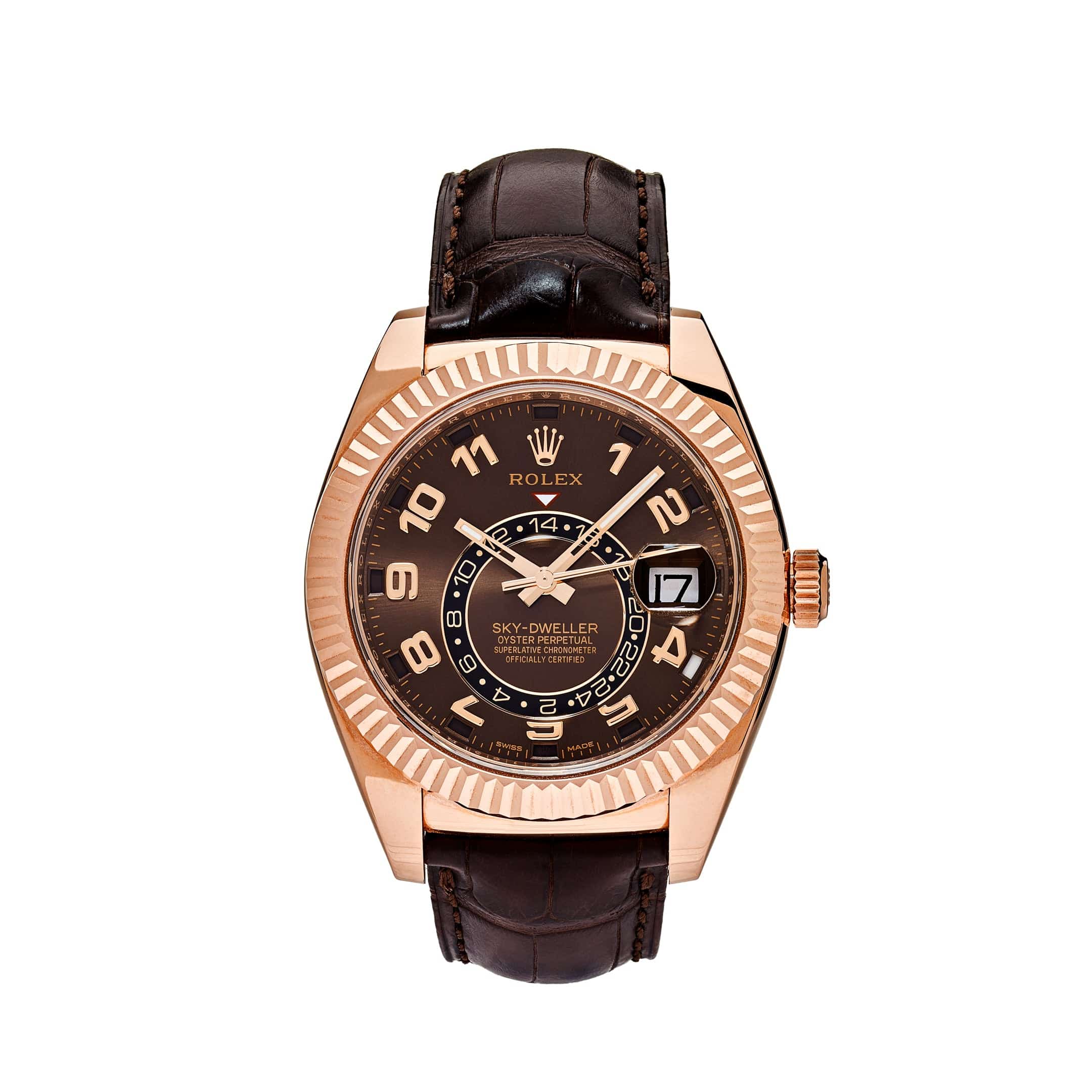 Rolex Sky-Dweller Rose Gold Chocolate Dial Leather Strap 326135 Wrist Aficionado