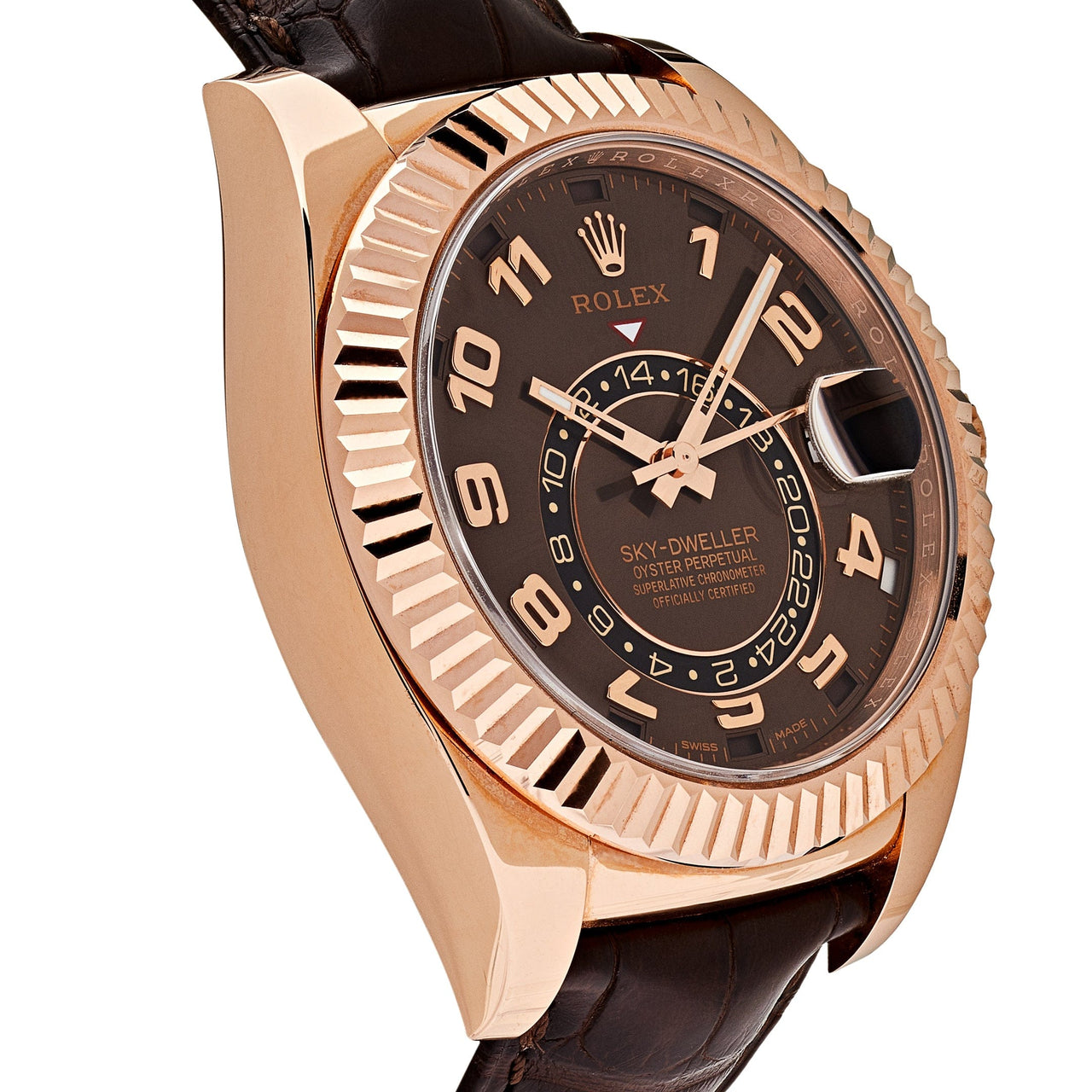 Rolex Sky-Dweller Rose Gold Chocolate Dial Leather Strap 326135 Wrist Aficionado