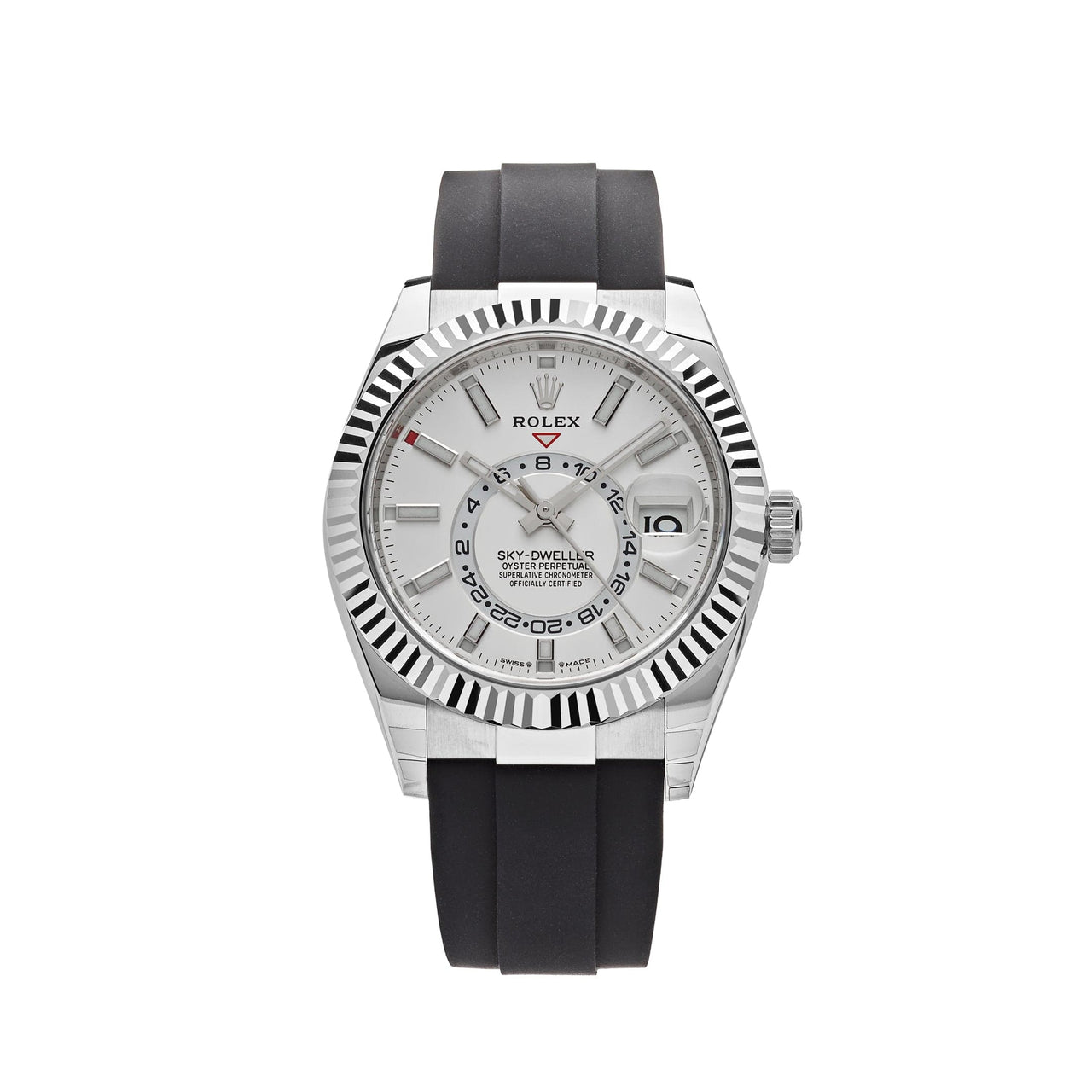 Luxury Watch Rolex Sky-Dweller 42 White Gold White Dial Oysterflex 336239 Wrist Aficionado