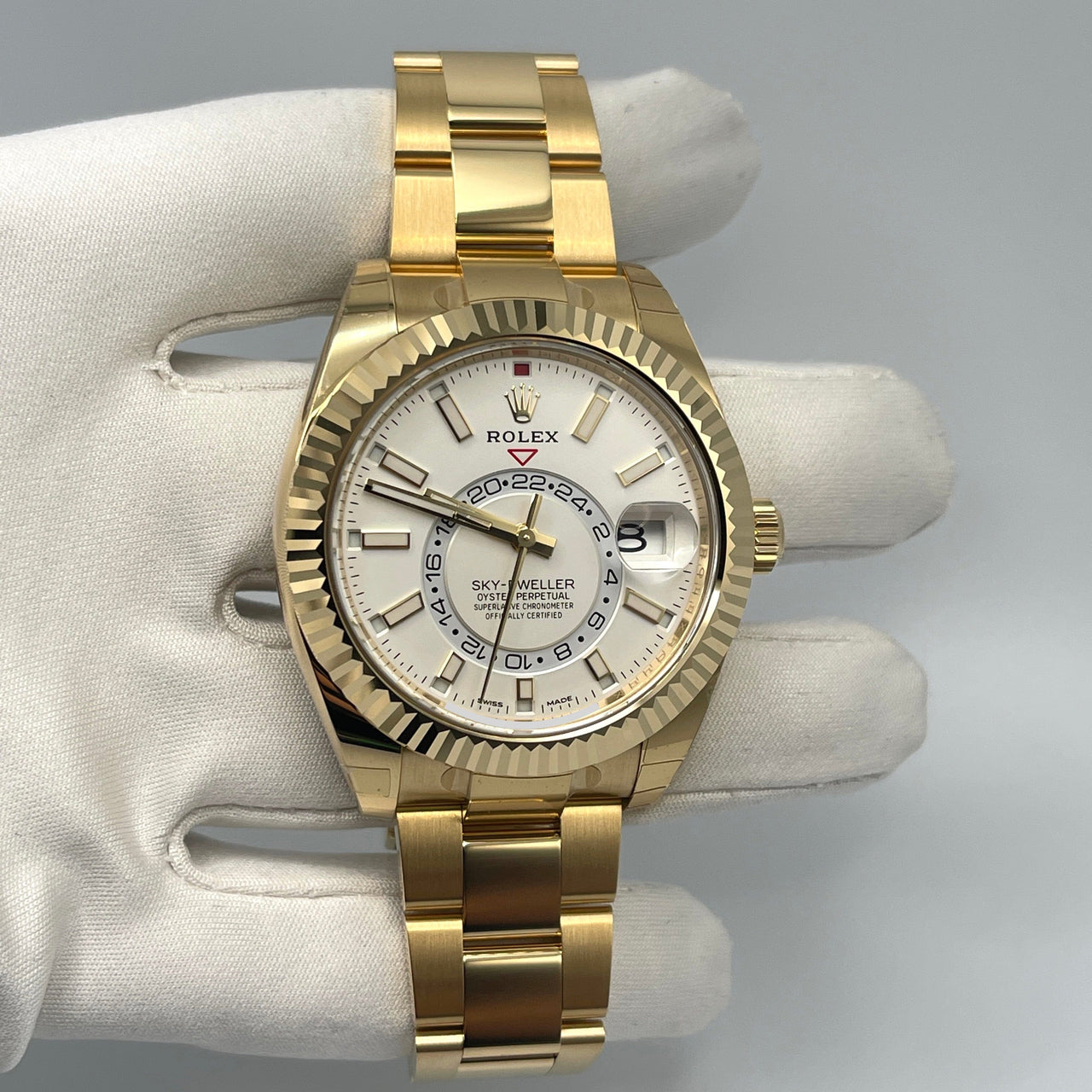 Luxury Watch Rolex Sky-Dweller Yellow Gold White Dial 326938 Wrist Aficionado