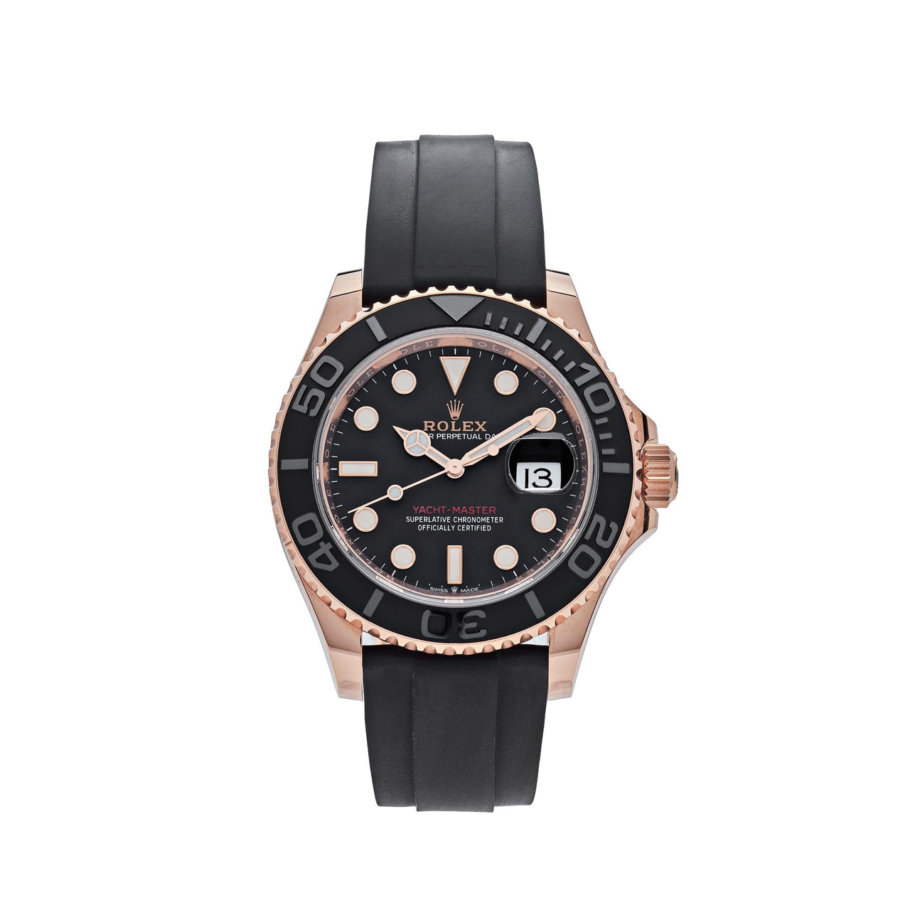 Luxury Watch Rolex Yacht Master 40 Rose Gold Black Dial Rubber Strap 126655 wrist aficionado