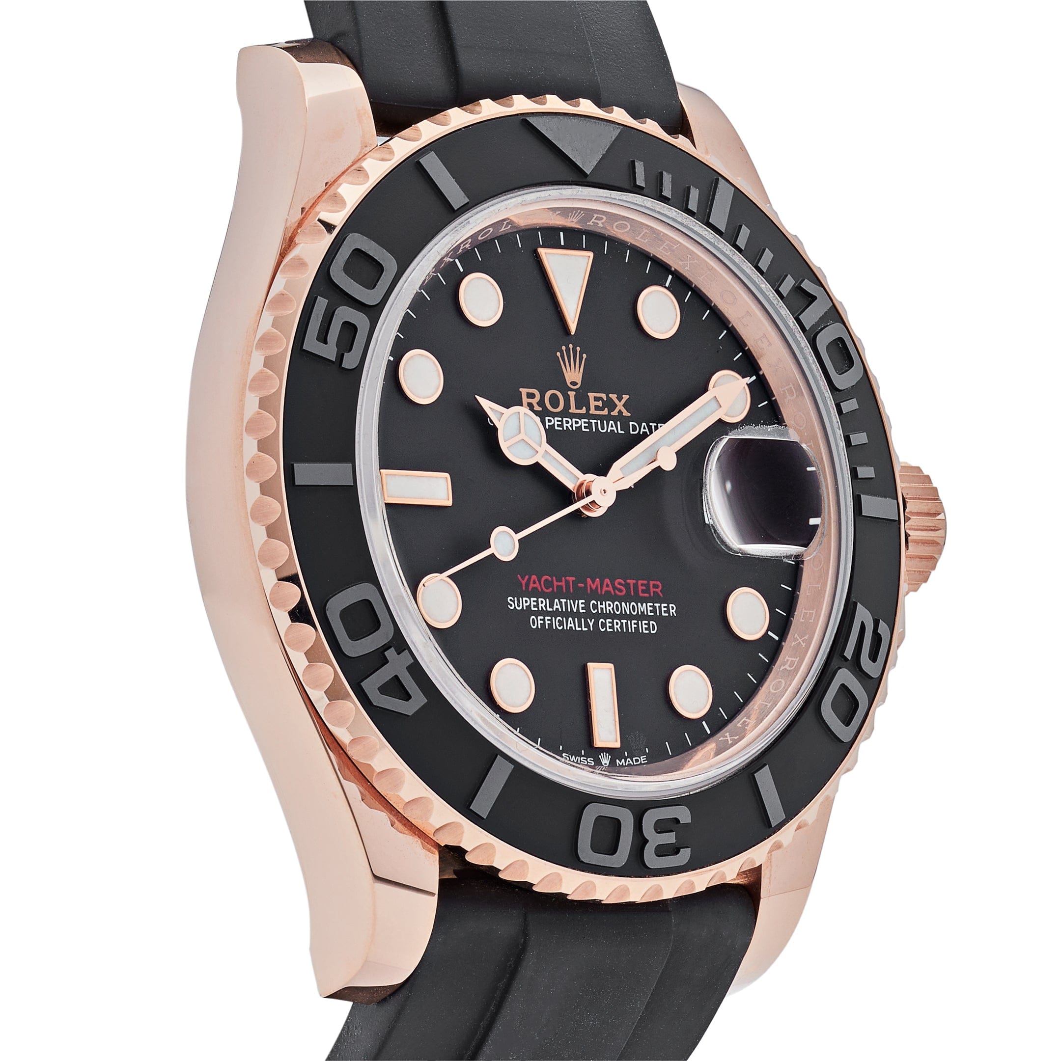 Luxury Watch Rolex Yacht Master 40 Rose Gold Black Dial Rubber Strap 126655 wrist aficionado