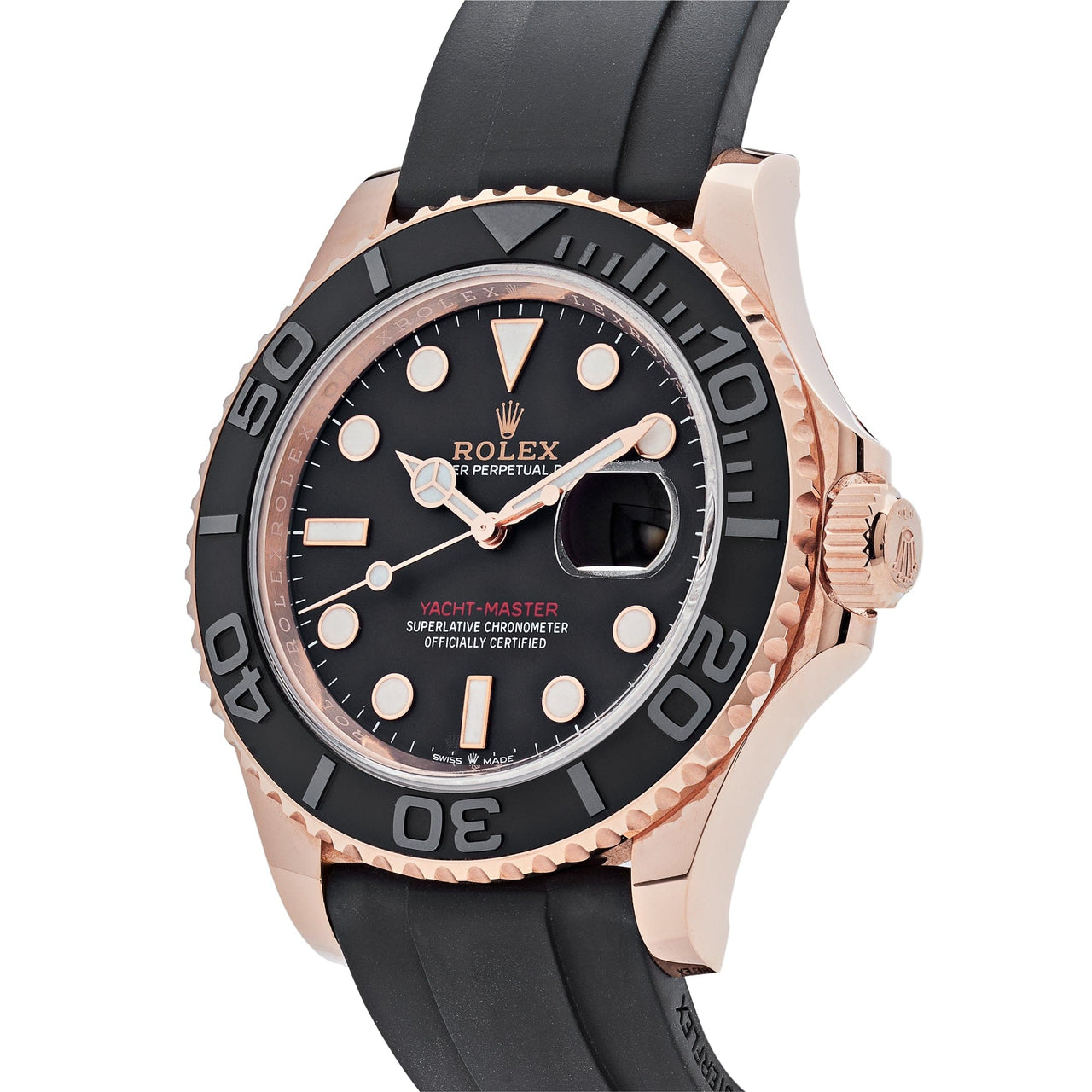 Luxury Watch Rolex Yacht Master 40 Rose Gold Black Dial Rubber Strap 126655 wrist aficionado