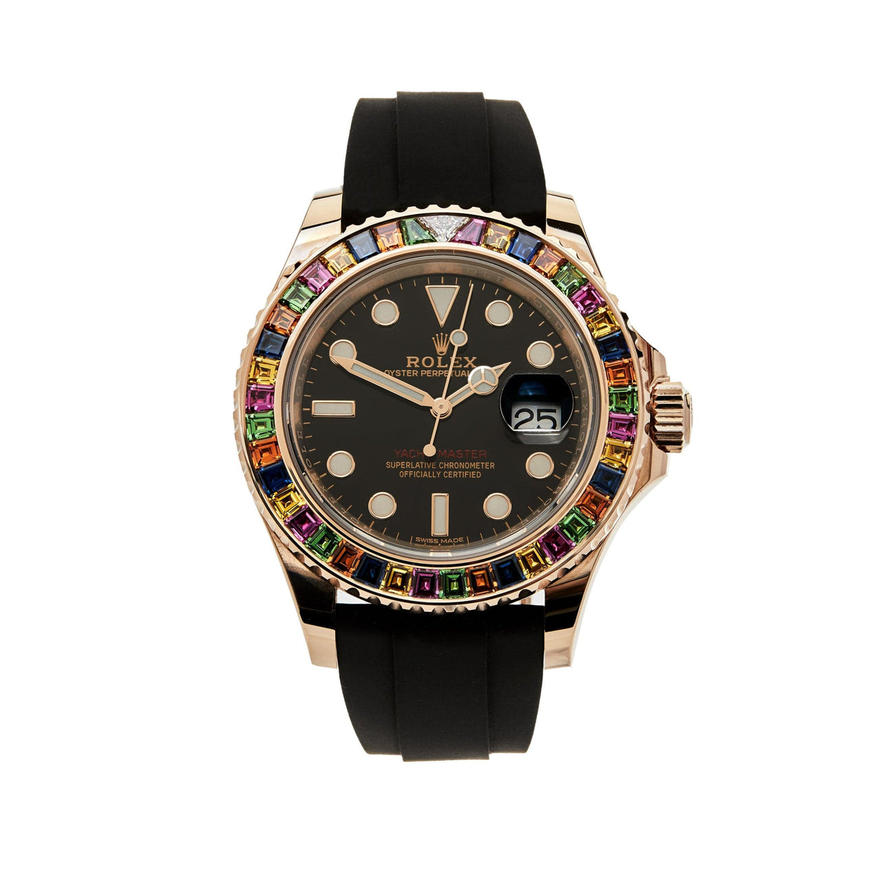 Luxury Watch Rolex Yacht Master Rose Gold Black Dial Rainbow Bezel 116695SATS wrist aficionado