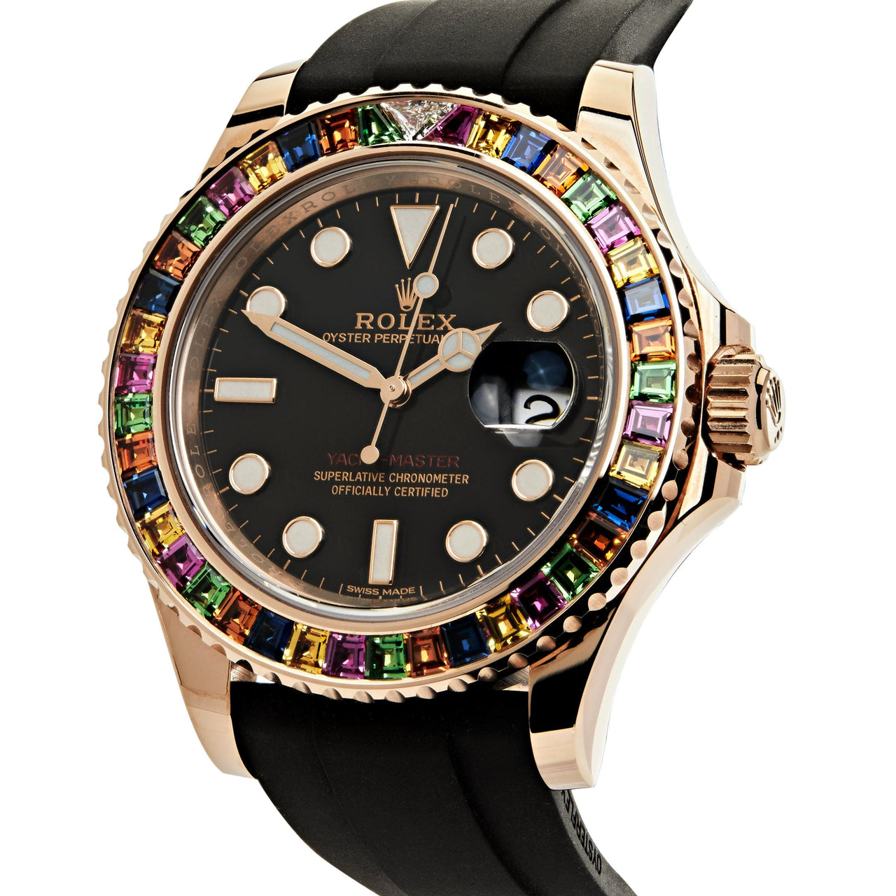 Luxury Watch Rolex Yacht Master Rose Gold Black Dial Rainbow Bezel 116695SATS wrist aficionado