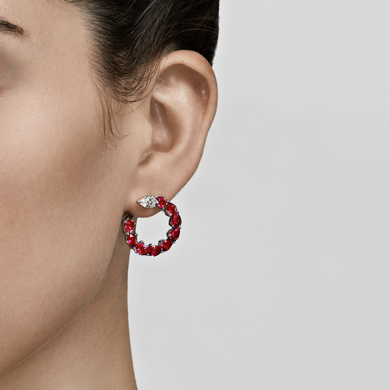 Ruby and Diamond Pear-Shaped Hoop Earrings