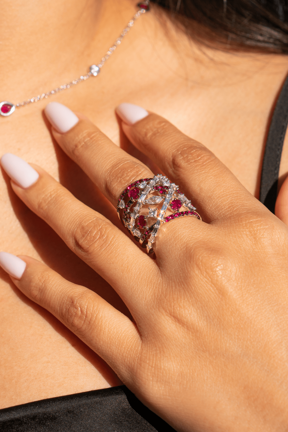 White gold ruby online ring with diamonds