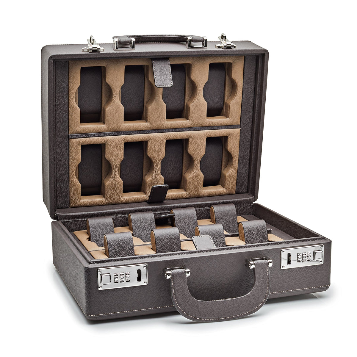Wrist Aficionado Full-Grain Leather 16-Piece Travel Watch Case Chocolate Brown and Chestnut